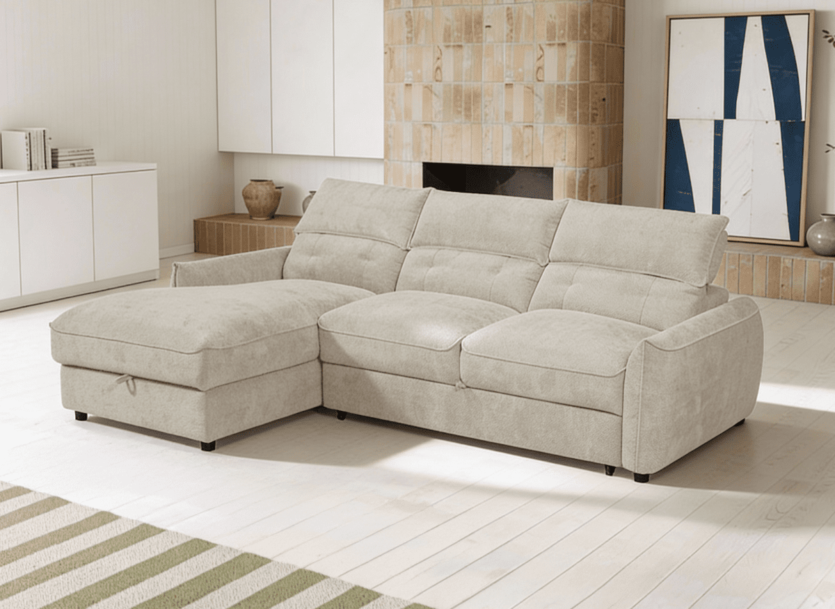 Canapé d'angle convertible avec coffre de rangement en velours chiné beige SAMINA - Angle gauche - DécoInParis