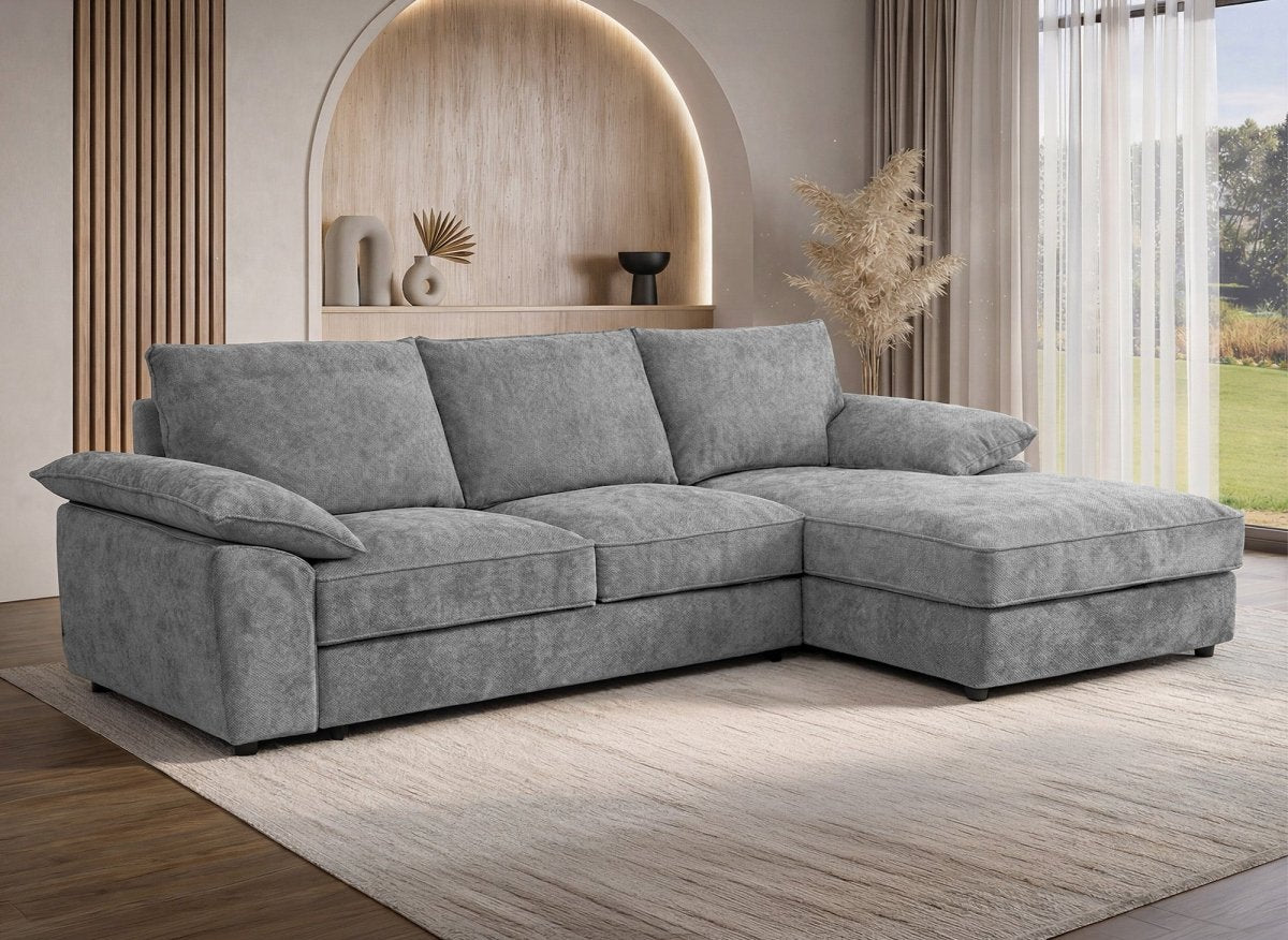 Canapé d'angle convertible avec coffre de rangement en velours chiné gris GABIN - Angle droit - DécoInParis