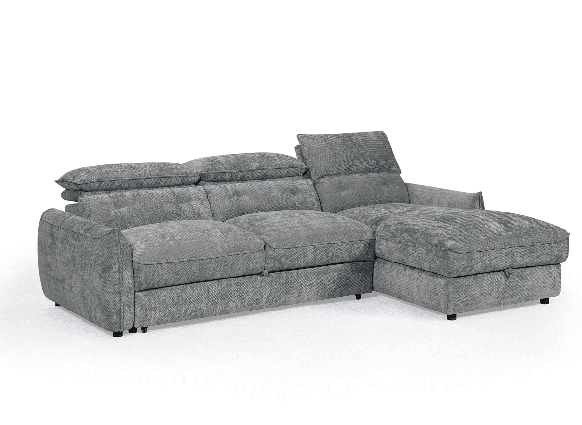 Canapé d'angle convertible avec coffre de rangement en velours chiné gris SAMINA - Angle droit - DécoInParis