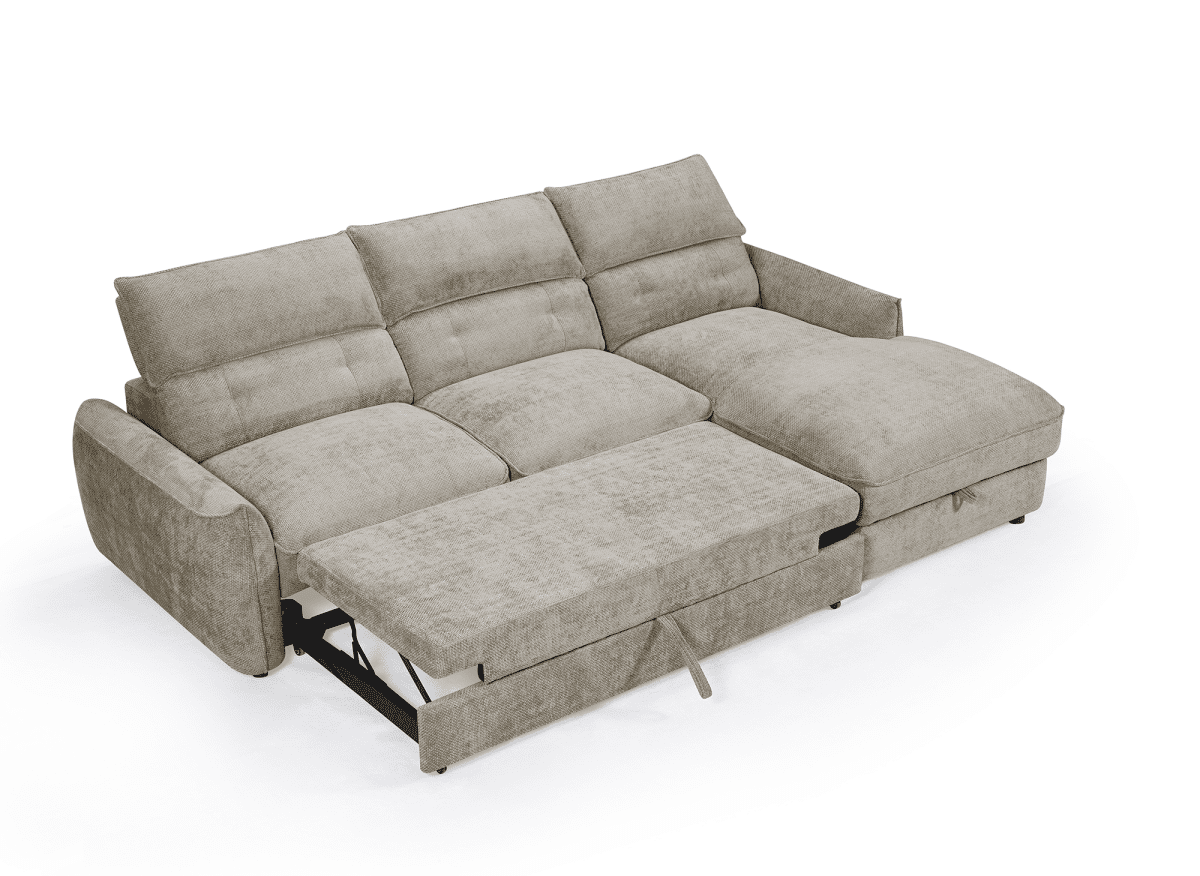 Canapé d'angle convertible avec coffre de rangement en velours chiné taupe SAMINA - Angle droit - DécoInParis