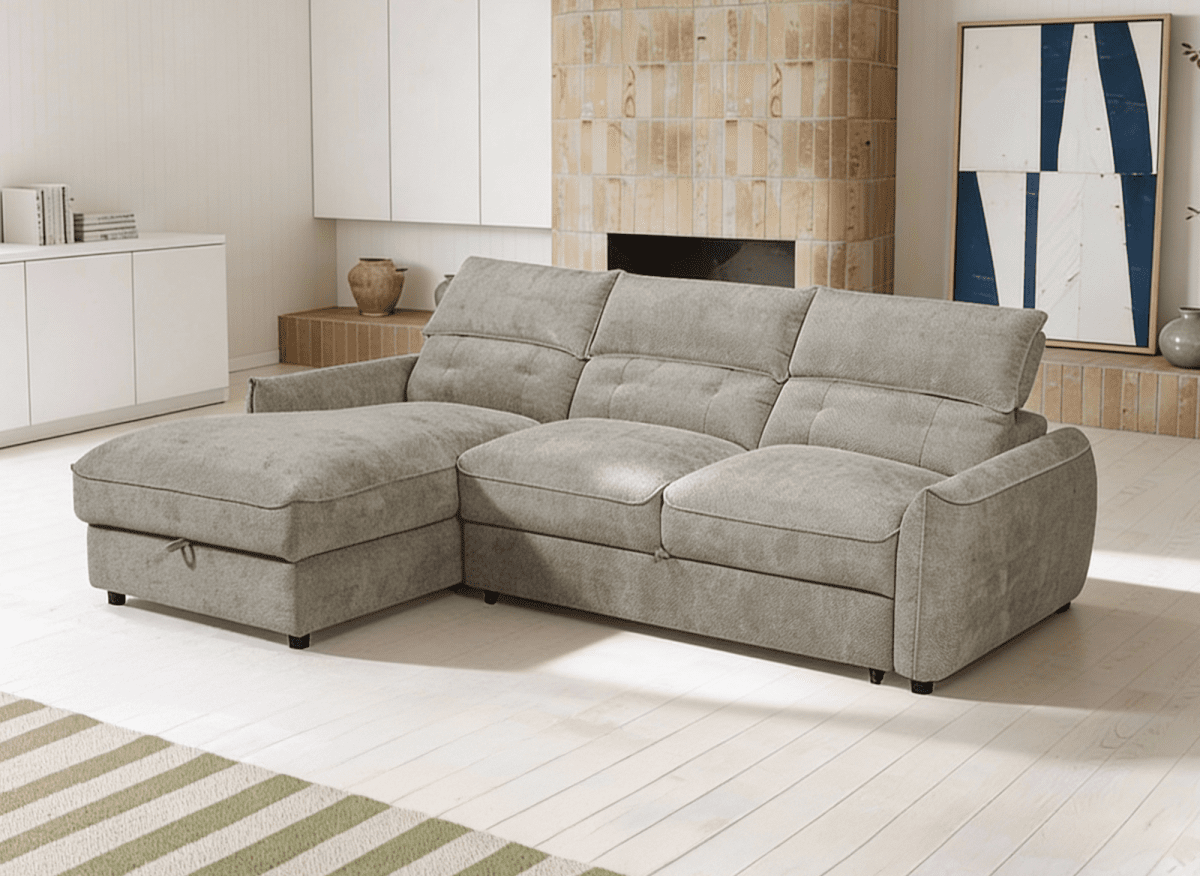 Canapé d'angle convertible avec coffre de rangement en velours chiné taupe SAMINA - Angle gauche - DécoInParis