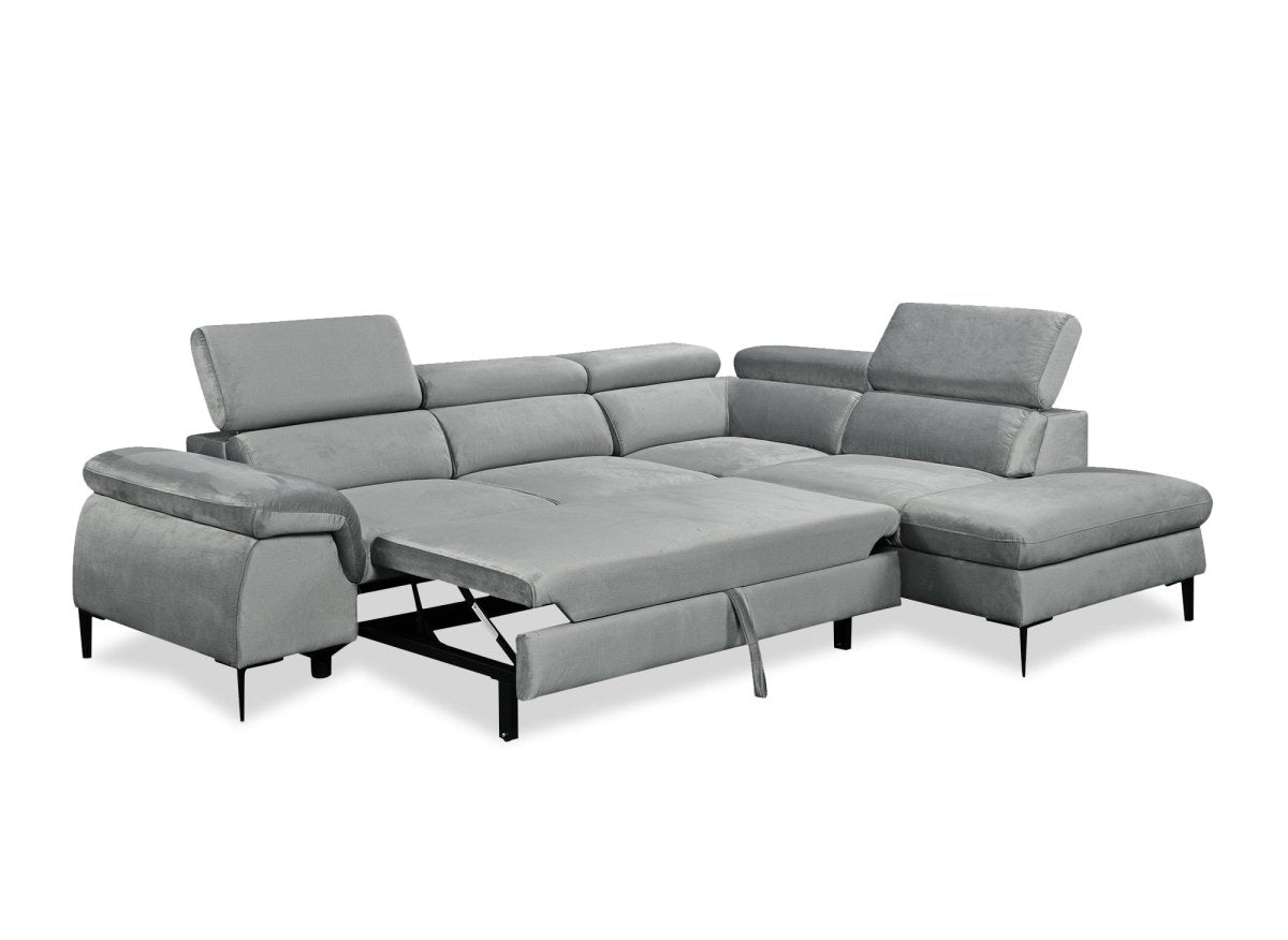 Canapé d'angle convertible avec coffre de rangement en velours gris SWAN - Angle droit - DécoInParis