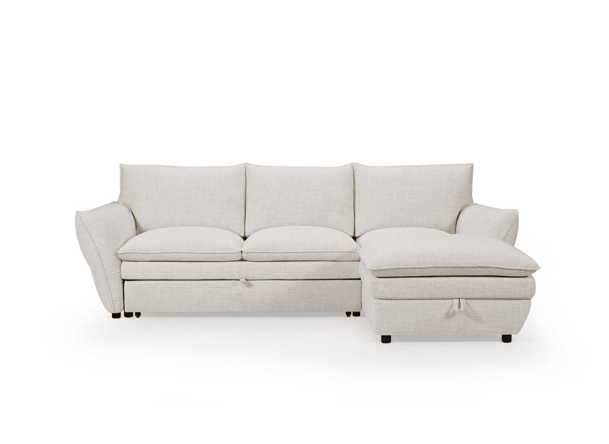 Canapé d'angle convertible avec coffre en tissu beige CAPUCINE - Angle droit - DécoInParis