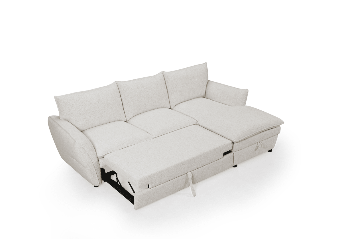 Canapé d'angle convertible avec coffre en tissu beige CAPUCINE - Angle droit - DécoInParis