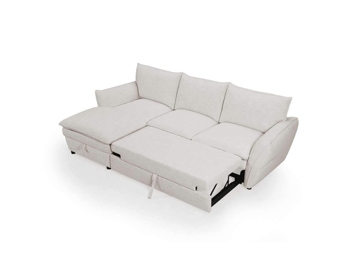 Canapé d'angle convertible avec coffre en tissu beige CAPUCINE - Angle gauche - DécoInParis