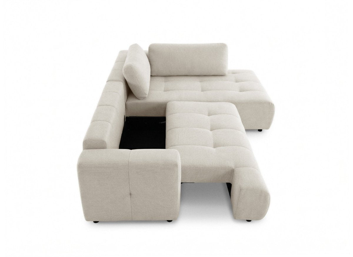 Canapé d'angle convertible avec coffre en tissu beige HAVEN - Angle droit - DécoInParis