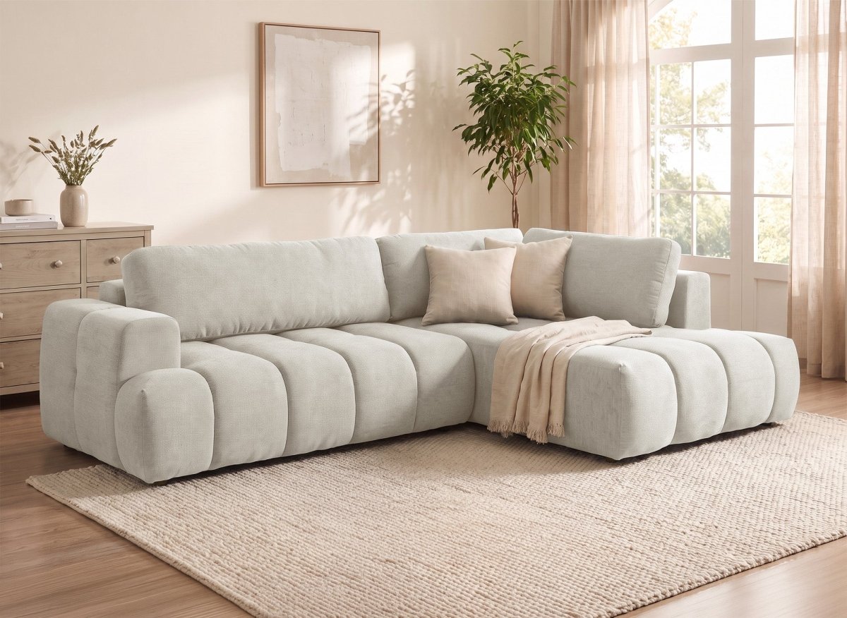 Canapé d'angle convertible avec coffre en tissu beige HAVEN - Angle droit - DécoInParis