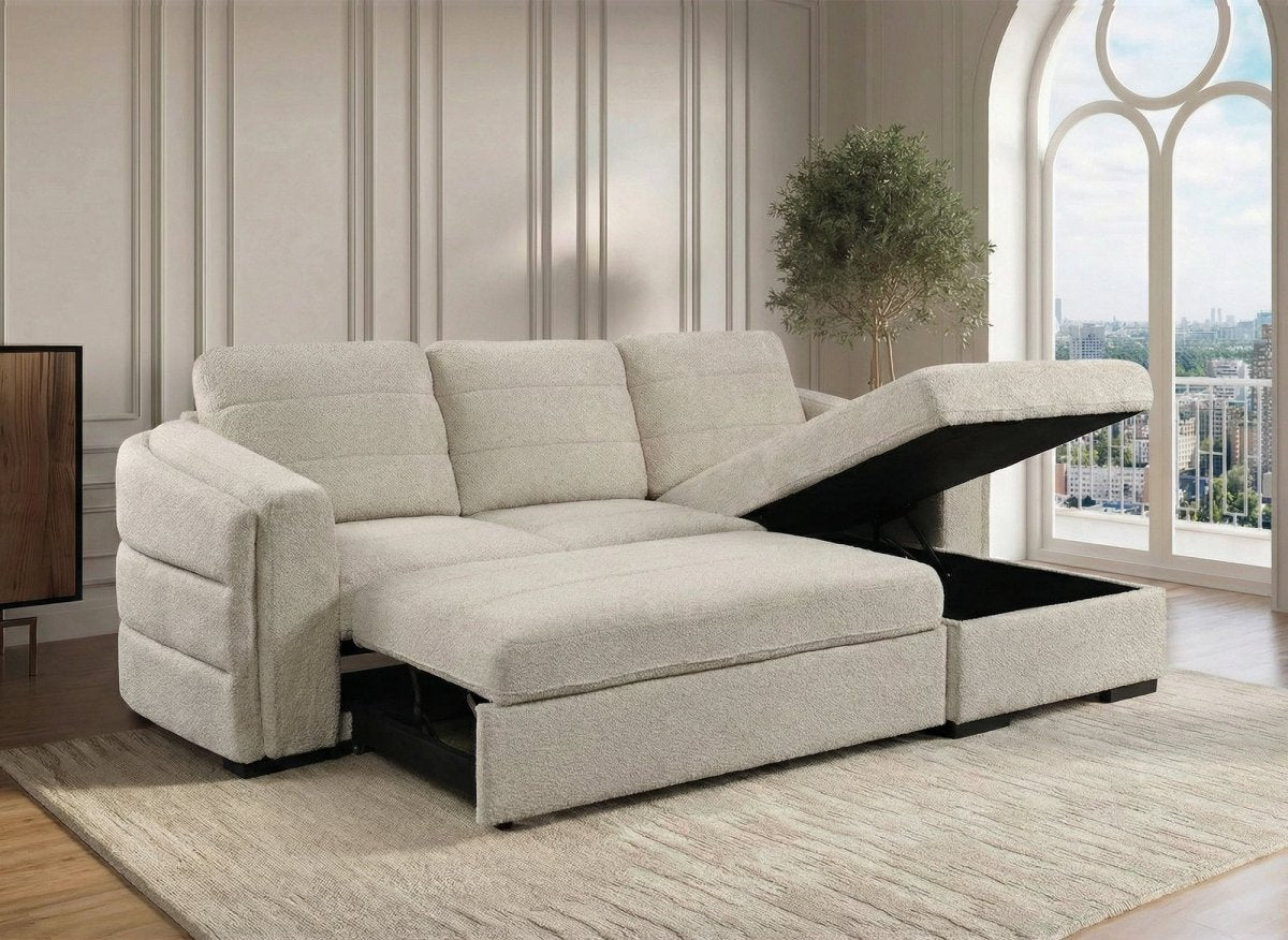 Canapé d'angle convertible avec coffre en tissu bouclette beige CALANDRA - Angle droit - DécoInParis