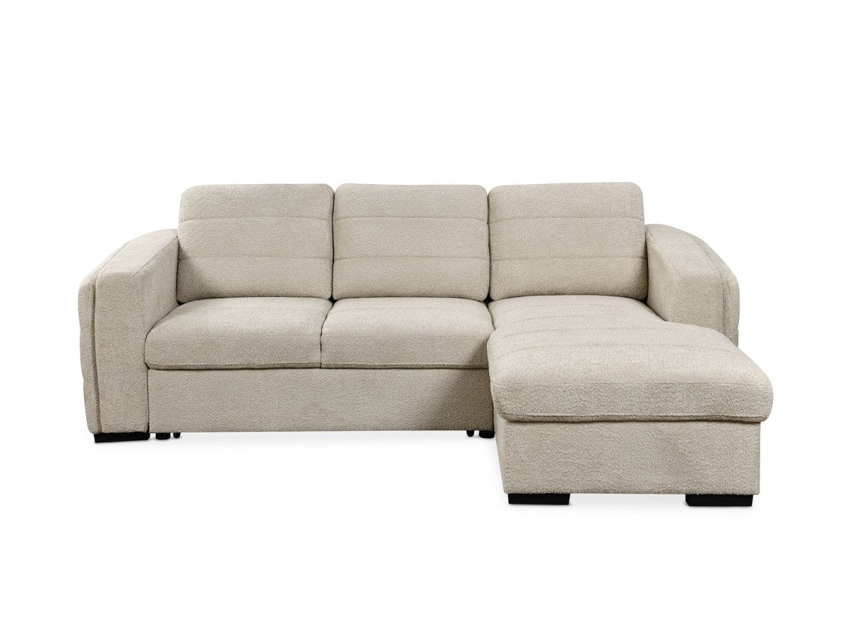 Canapé d'angle convertible avec coffre en tissu bouclette beige CALANDRA - Angle droit - DécoInParis