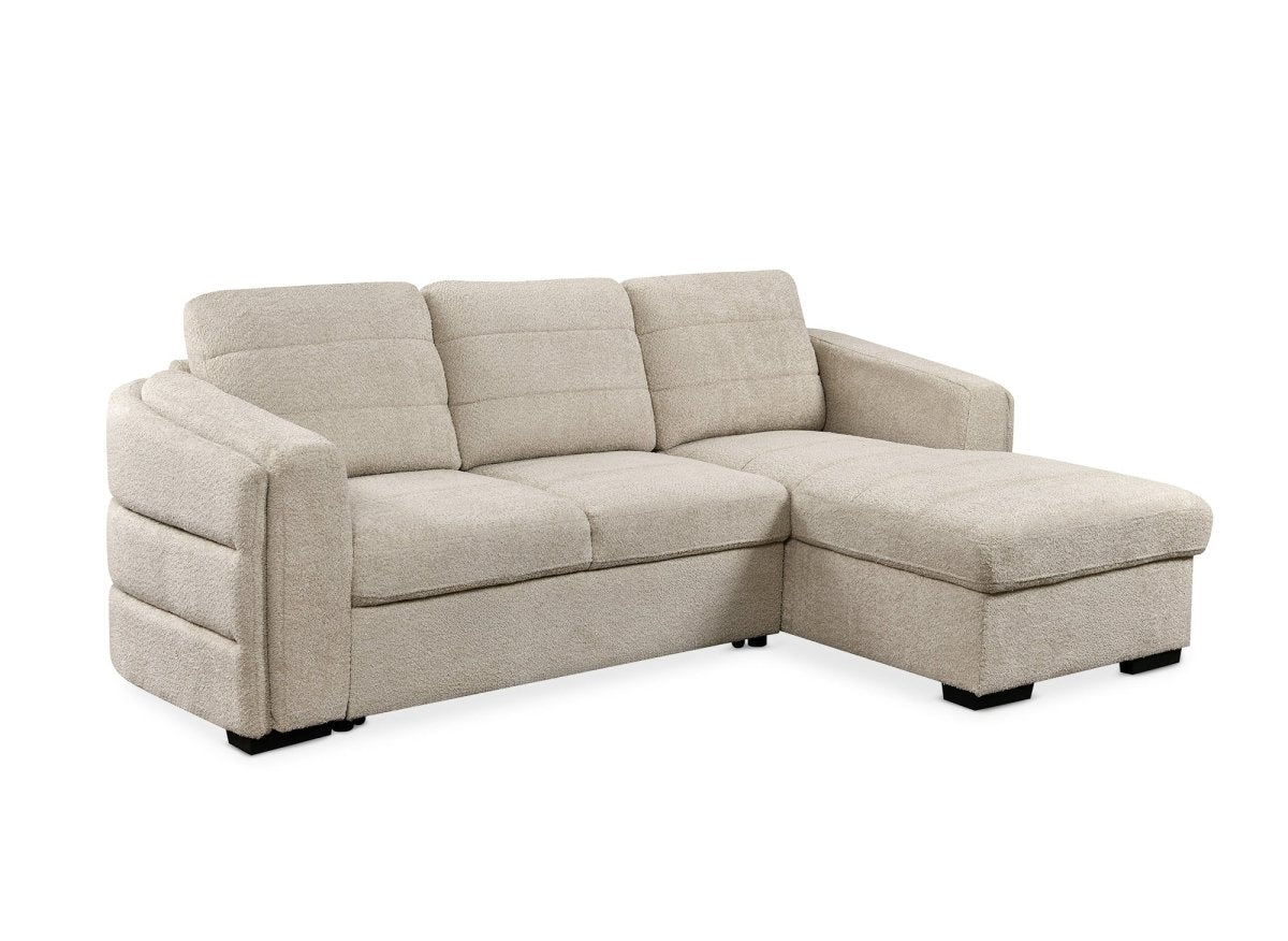 Canapé d'angle convertible avec coffre en tissu bouclette beige CALANDRA - Angle droit - DécoInParis