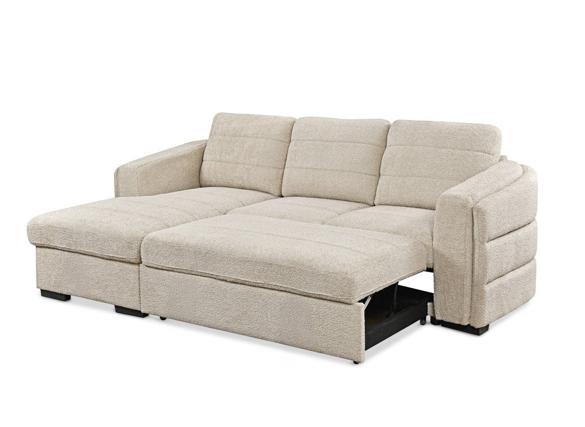 Canapé d'angle convertible avec coffre en tissu bouclette beige CALANDRA - Angle gauche - DécoInParis