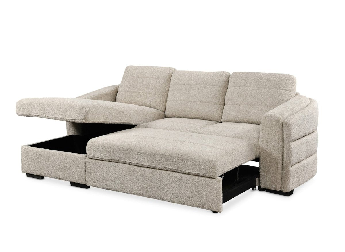 Canapé d'angle convertible avec coffre en tissu bouclette beige CALANDRA - Angle gauche - DécoInParis