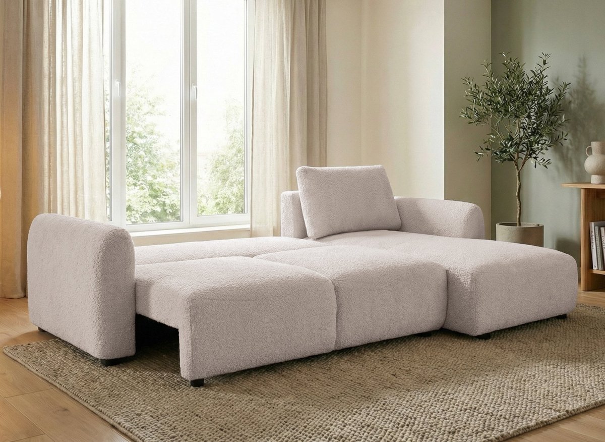 Canapé d'angle convertible avec coffre en tissu bouclette beige MARLA - Angle droit - DécoInParis