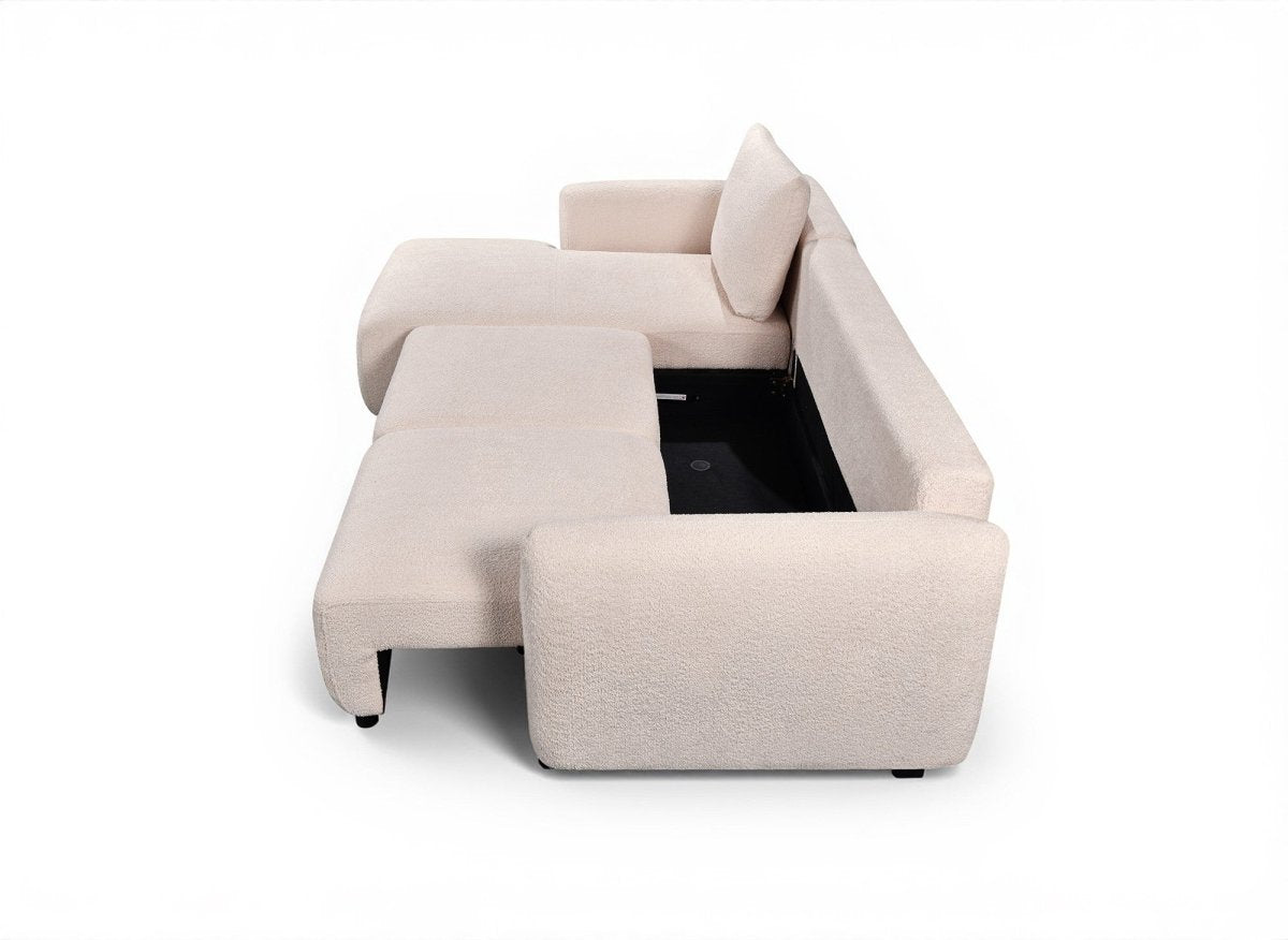 Canapé d'angle convertible avec coffre en tissu bouclette beige MARLA - Angle gauche - DécoInParis