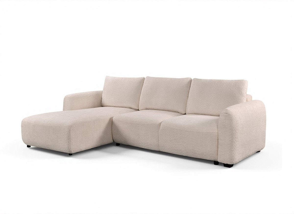 Canapé d'angle convertible avec coffre en tissu bouclette beige MARLA - Angle gauche - DécoInParis