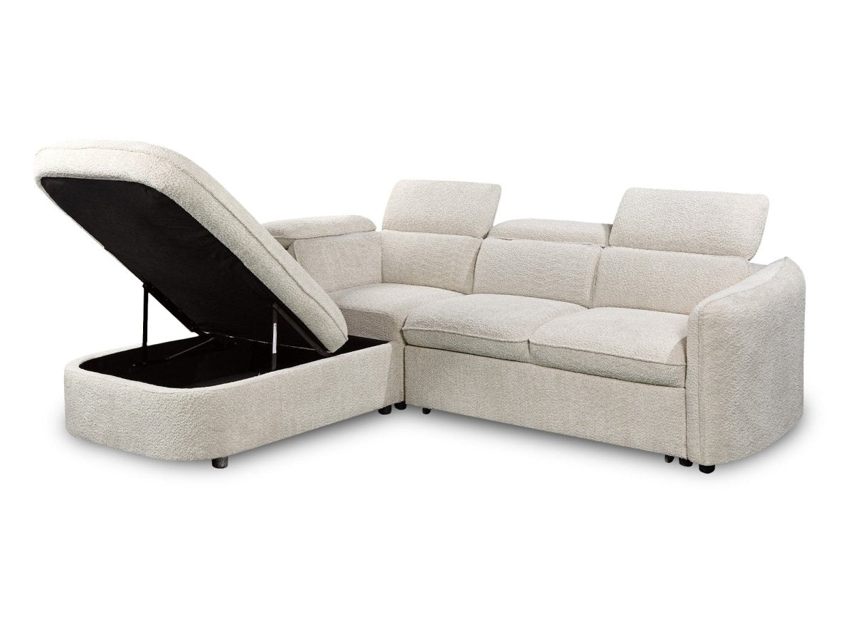Canapé d'angle convertible avec coffre en tissu bouclette écru BAYA - angle gauche - DécoInParis