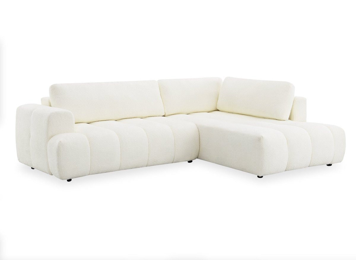 Canapé d'angle convertible avec coffre en tissu bouclette écru HAVEN - Angle droit - DécoInParis