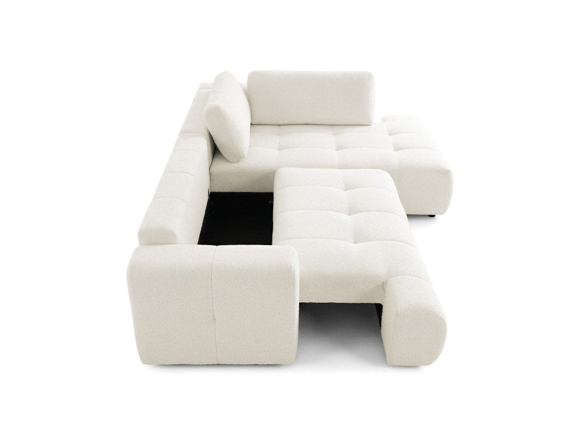 Canapé d'angle convertible avec coffre en tissu bouclette écru HAVEN - Angle droit - DécoInParis