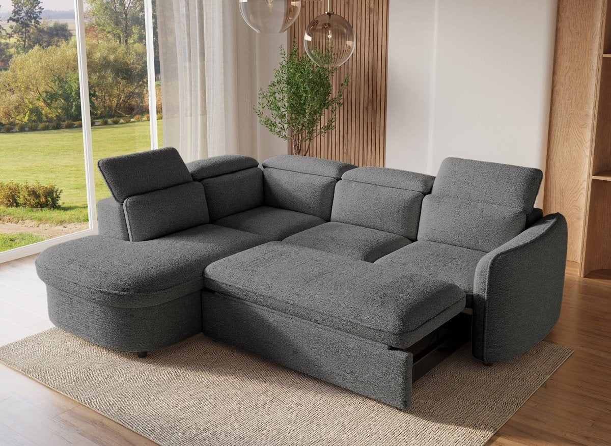Canapé d'angle convertible avec coffre en tissu bouclette gris BAYA - angle gauche - DécoInParis