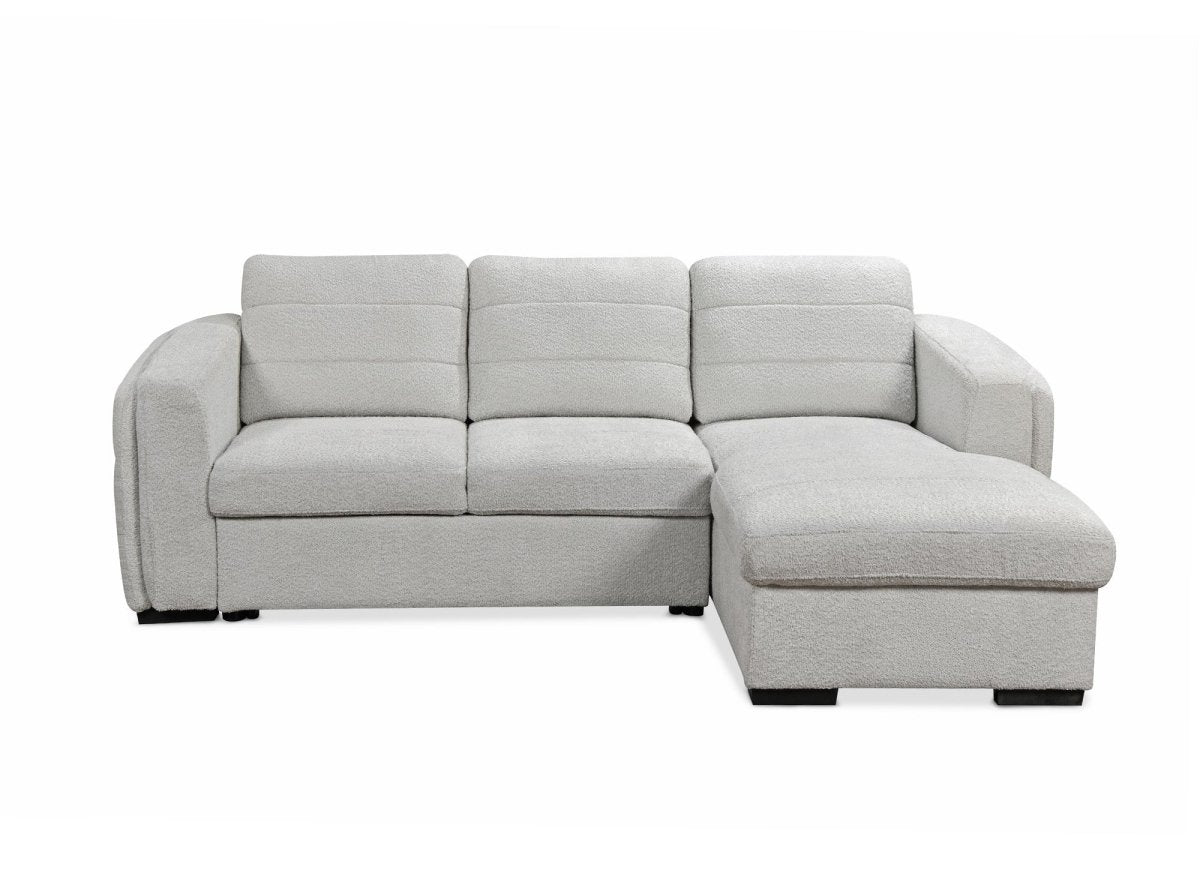 Canapé d'angle convertible avec coffre en tissu bouclette gris clair CALANDRA - Angle droit - DécoInParis