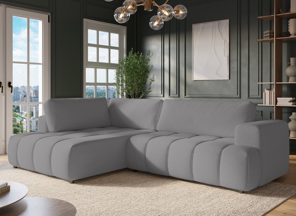 Canapé d'angle convertible avec coffre en tissu gris HAVEN - Angle gauche - DécoInParis