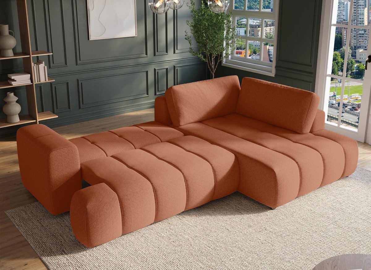 Canapé d'angle convertible avec coffre en tissu terracotta HAVEN - Angle droit - DécoInParis