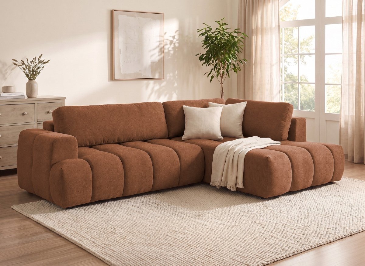 Canapé d'angle convertible avec coffre en tissu terracotta HAVEN - Angle droit - DécoInParis