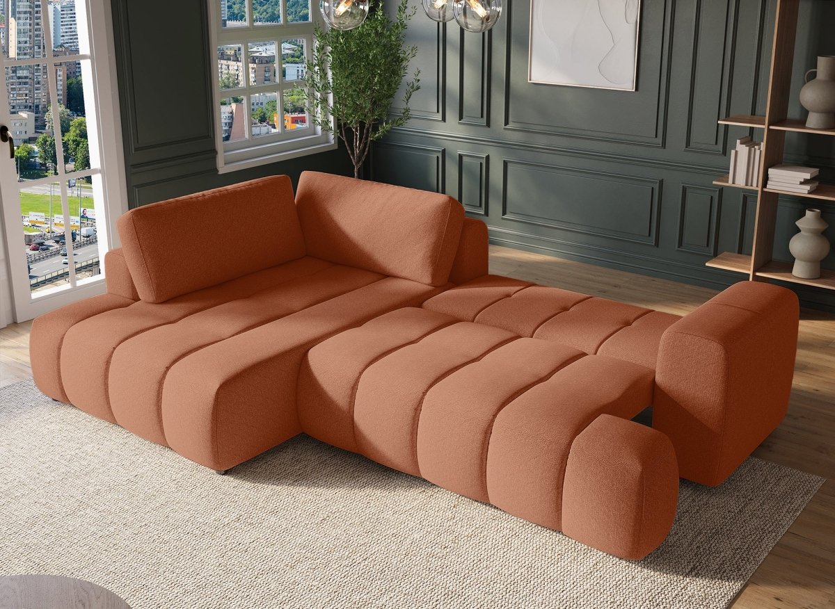 Canapé d'angle convertible avec coffre en tissu terracotta HAVEN - Angle gauche - DécoInParis