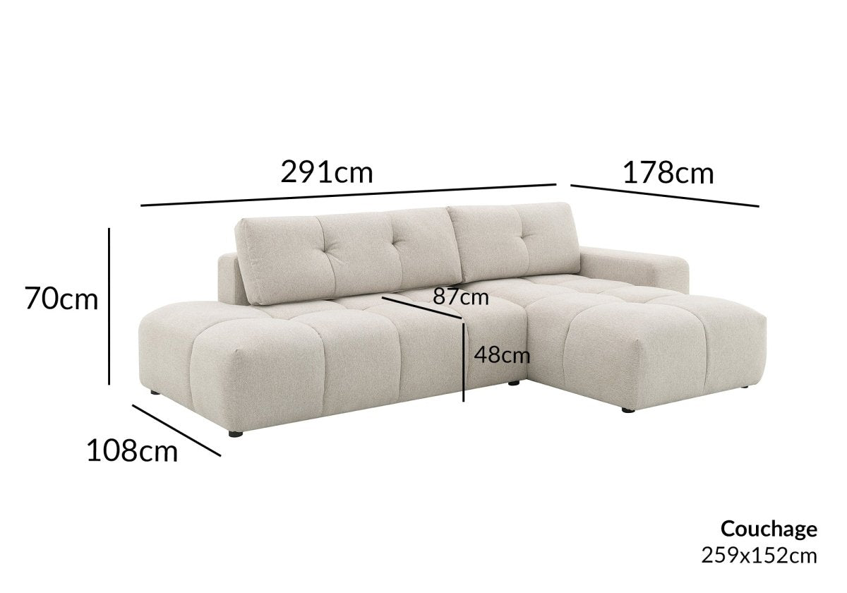 Canapé d'angle convertible avec coffre en tissu texturé beige ANGELINE - Angle droit - DécoInParis