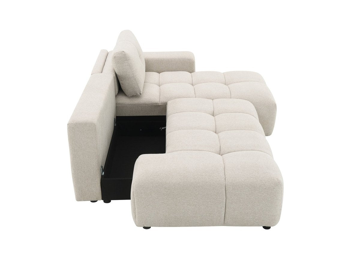 Canapé d'angle convertible avec coffre en tissu texturé beige ANGELINE - Angle droit - DécoInParis