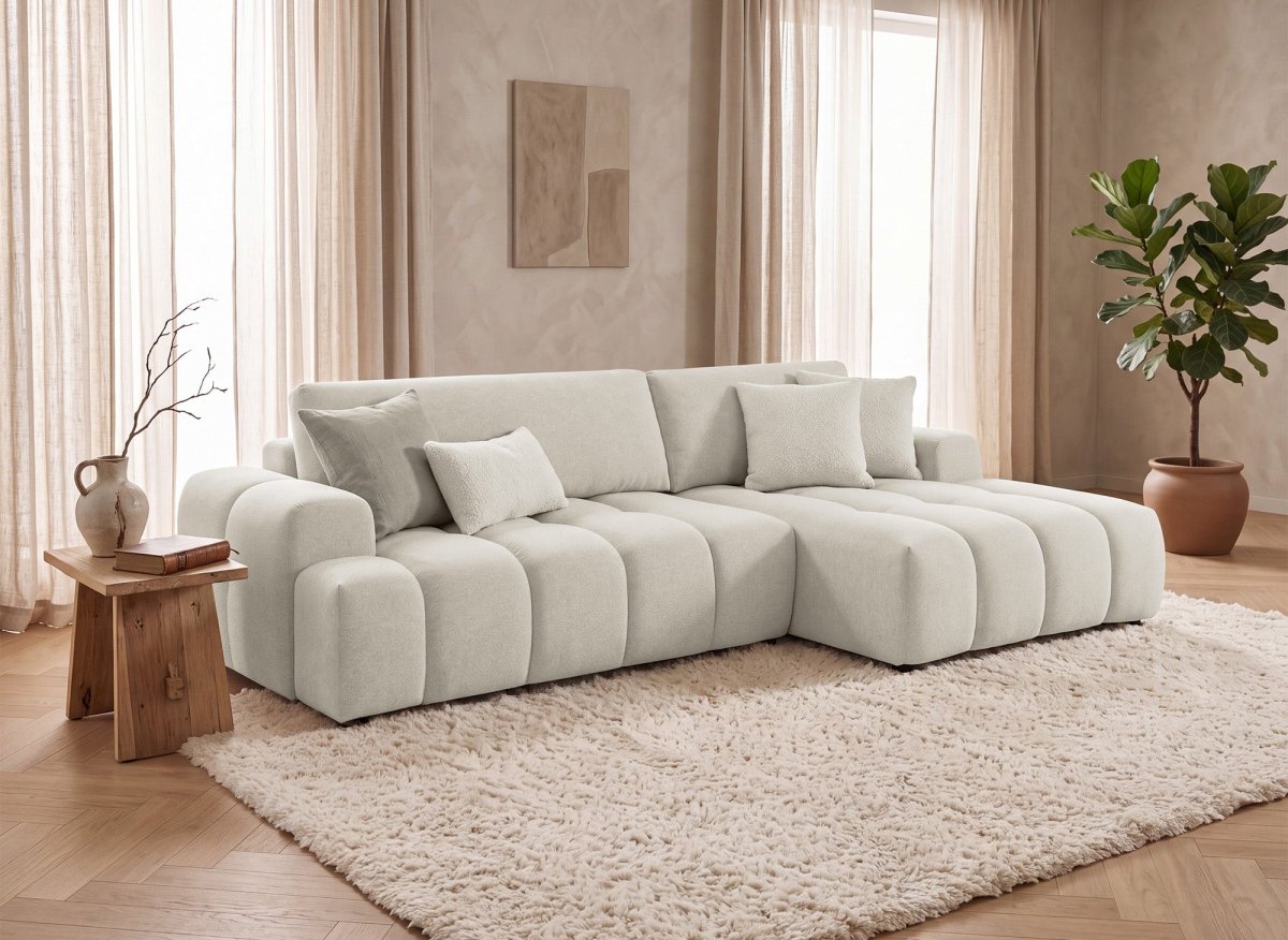 Canapé d'angle convertible avec coffre en tissu texturé beige BERENICE - Angle droit - DécoInParis