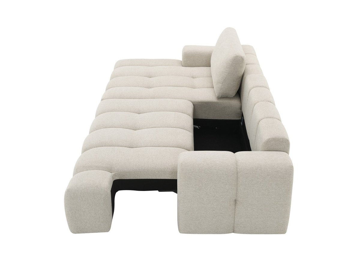Canapé d'angle convertible avec coffre en tissu texturé beige BERENICE - Angle gauche - DécoInParis
