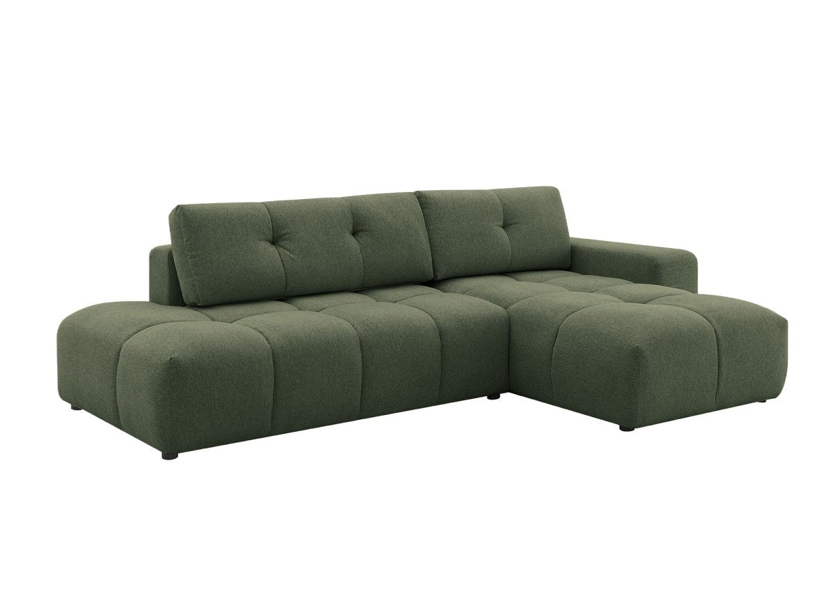 Canapé d'angle convertible avec coffre en tissu texturé vert olive ANGELINE - Angle droit - DécoInParis