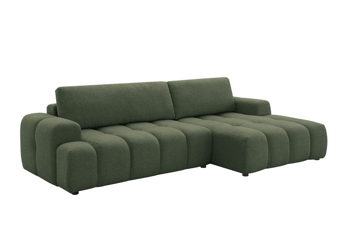 Canapé d'angle convertible avec coffre en tissu texturé vert olive BERENICE - Angle droit - DécoInParis