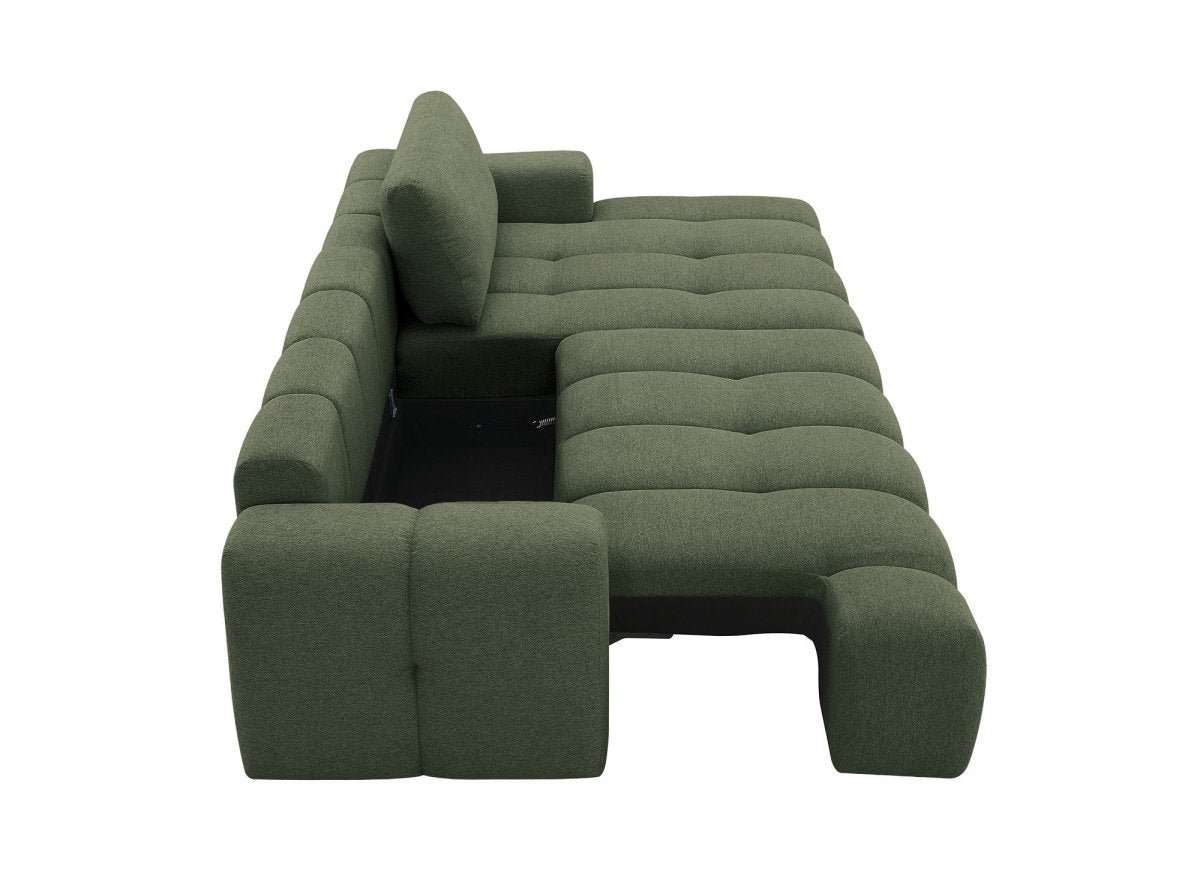 Canapé d'angle convertible avec coffre en tissu texturé vert olive BERENICE - Angle droit - DécoInParis