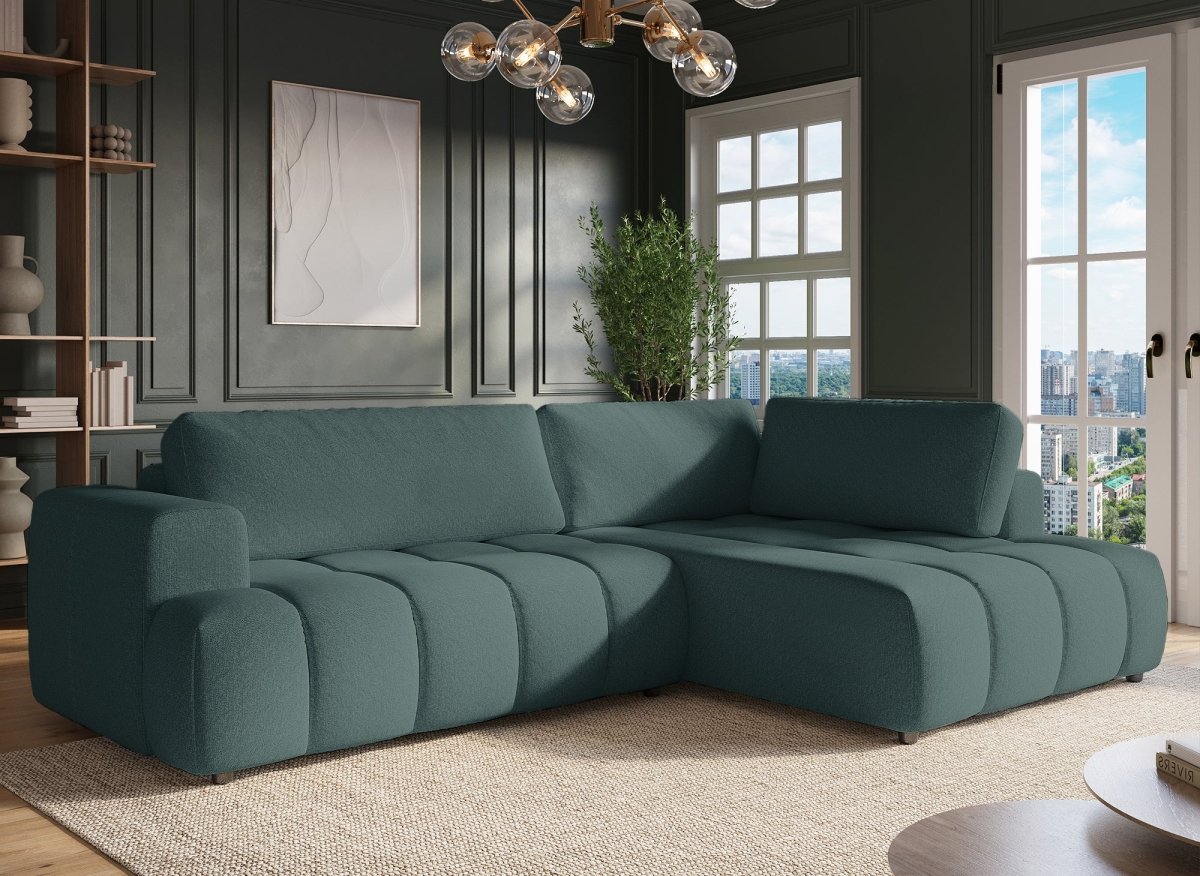 Canapé d'angle convertible avec coffre en tissu vert olive HAVEN - Angle droit - DécoInParis