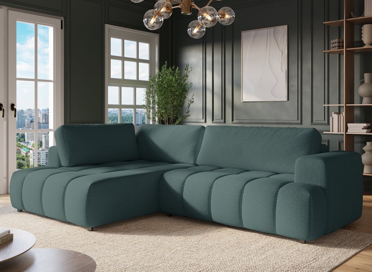 Canapé d'angle convertible avec coffre en tissu vert olive HAVEN - Angle gauche - DécoInParis