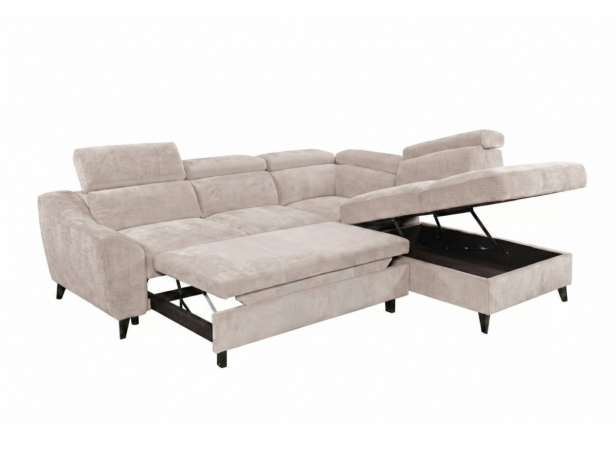 Canapé d'angle convertible avec coffre en velours chiné beige DALTON - Angle droit - DécoInParis
