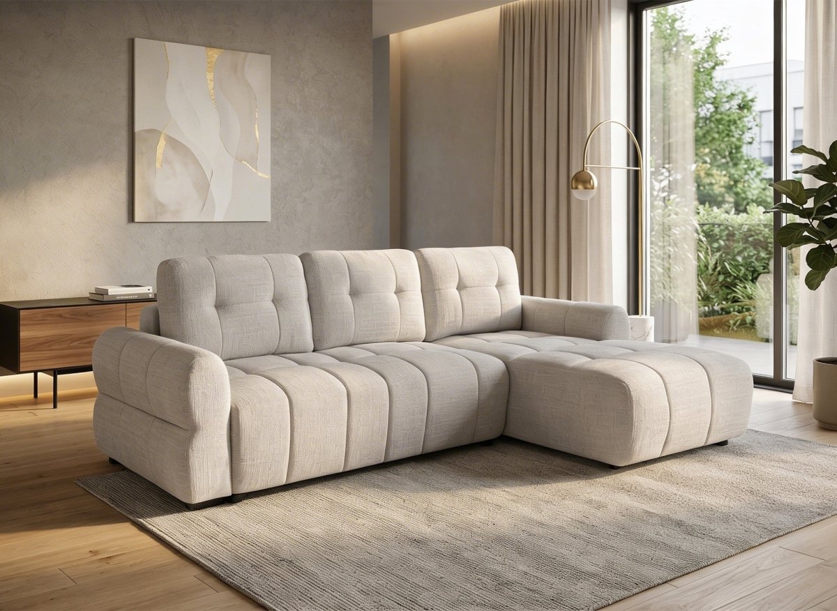 Canapé d'angle convertible avec coffre en velours chiné beige MAHLONE - Angle droit - DécoInParis