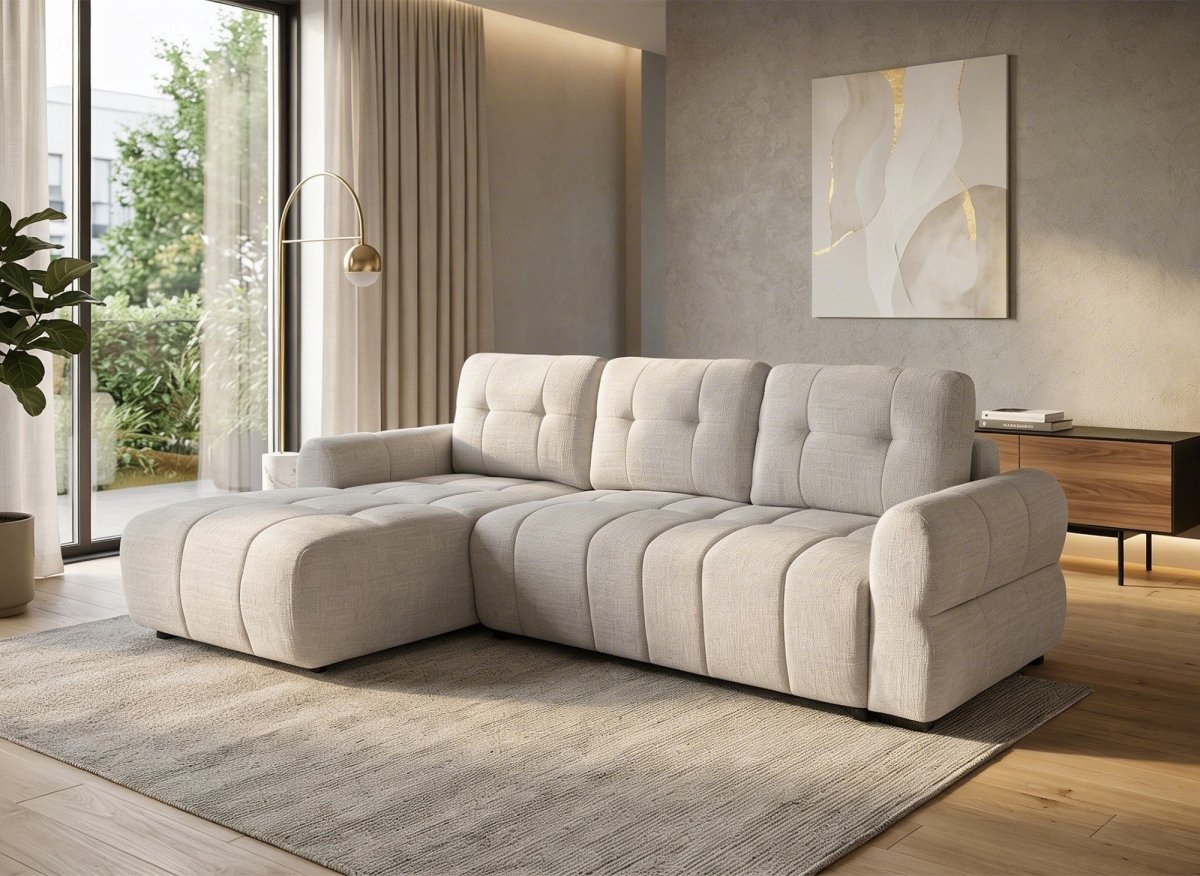 Canapé d'angle convertible avec coffre en velours chiné beige MAHLONE - Angle gauche - DécoInParis