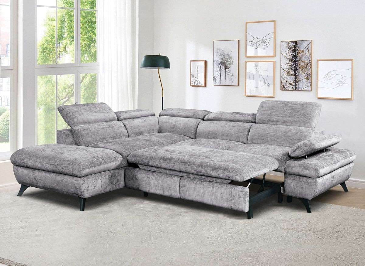 Canapé d'angle convertible avec coffre en velours chiné gris LUFY - Angle gauche - DécoInParis