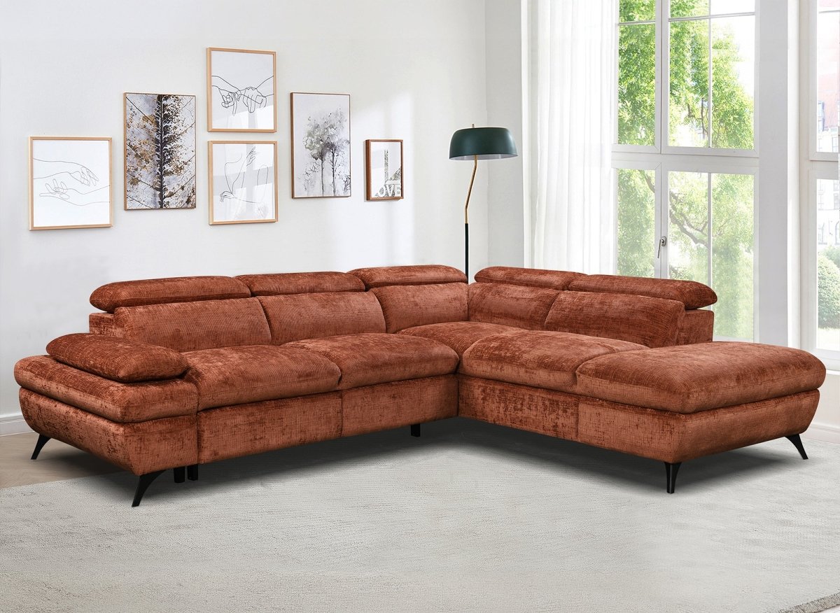 Canapé d'angle convertible avec coffre en velours chiné terracotta LUFY - Angle droit - DécoInParis