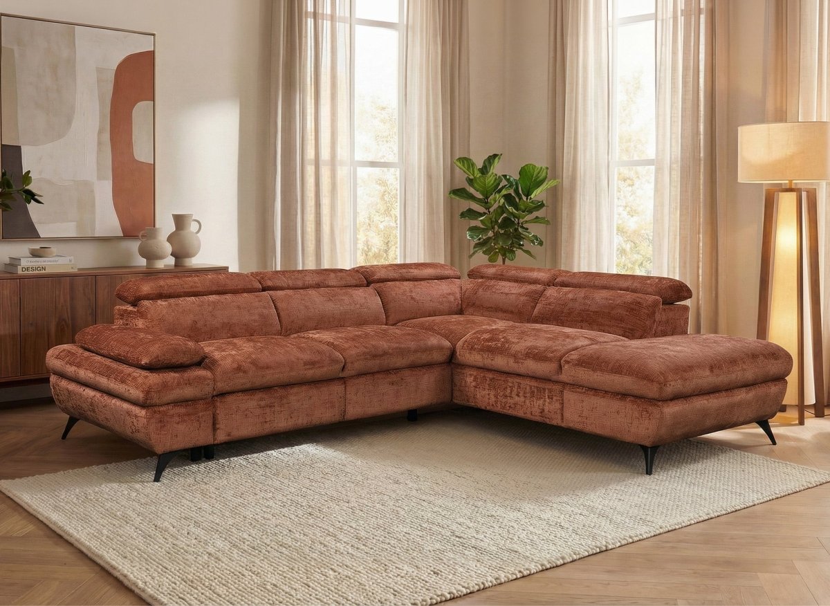 Canapé d'angle convertible avec coffre en velours chiné terracotta LUFY - Angle droit - DécoInParis