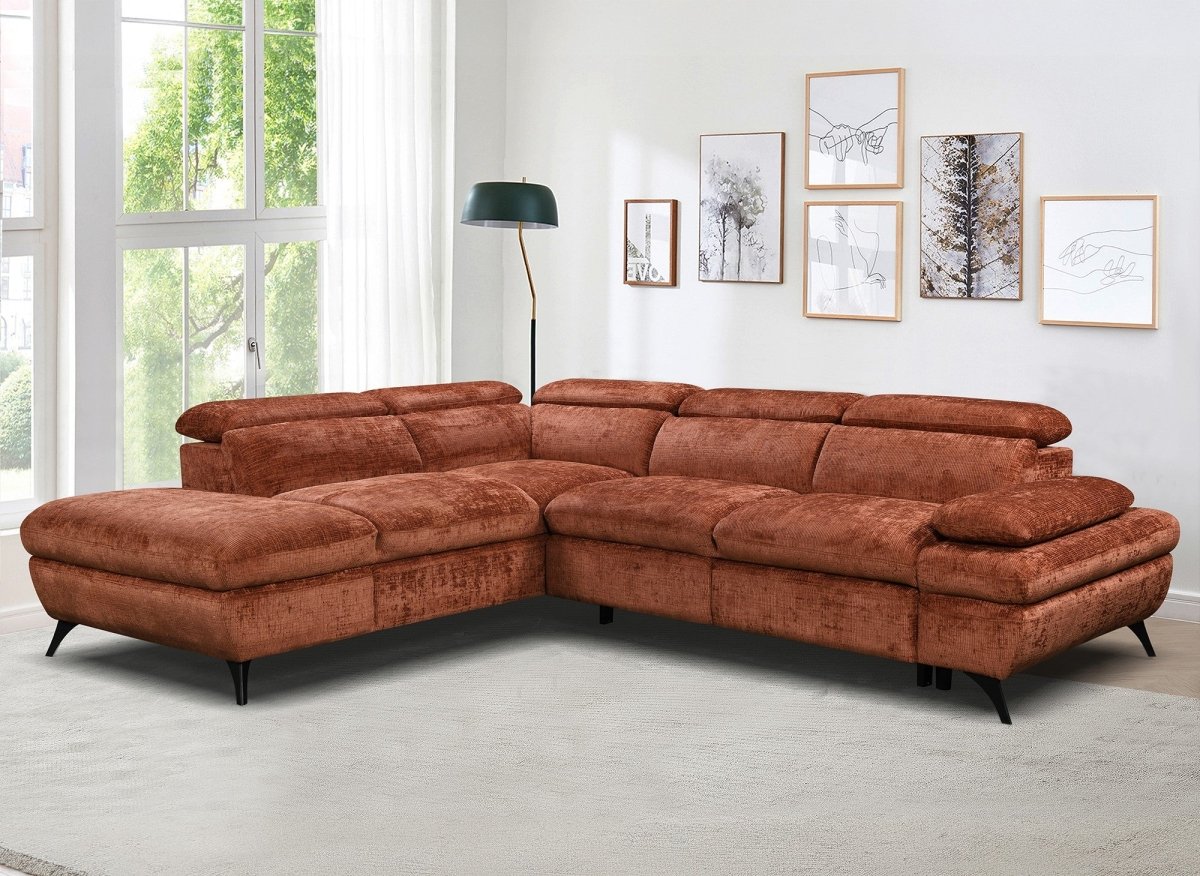 Canapé d'angle convertible avec coffre en velours chiné terracotta LUFY - Angle gauche - DécoInParis