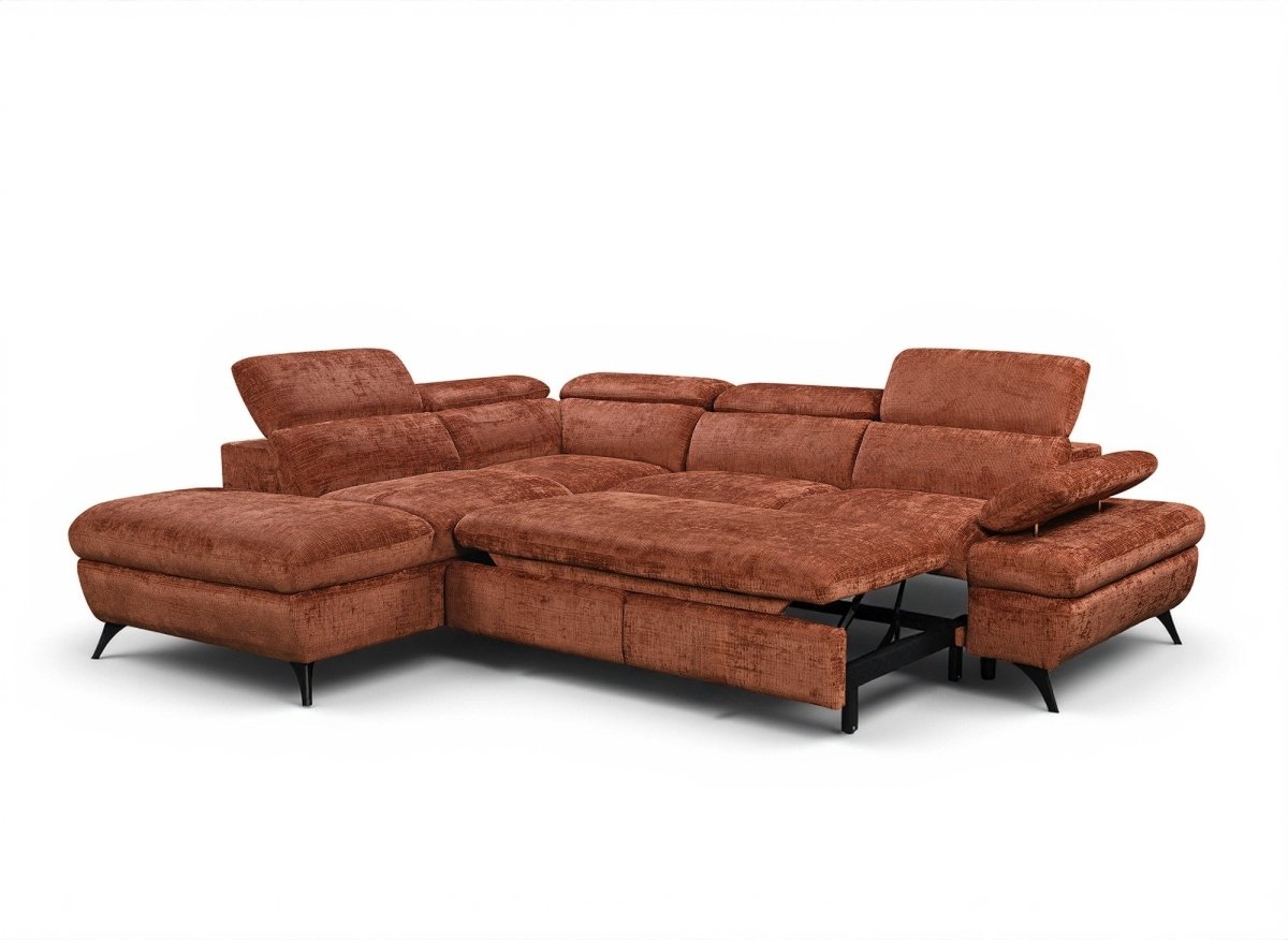 Canapé d'angle convertible avec coffre en velours chiné terracotta LUFY - Angle gauche - DécoInParis