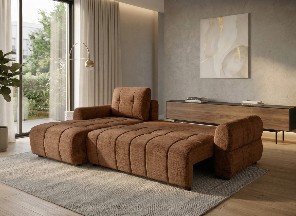 Canapé d'angle convertible avec coffre en velours chiné terracotta MAHLONE - Angle gauche - DécoInParis