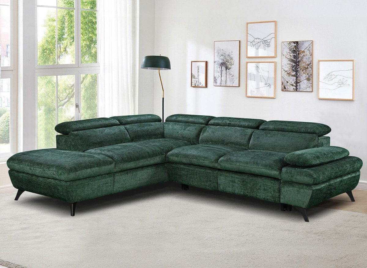 Canapé d'angle convertible avec coffre en velours chiné vert LUFY - Angle gauche - DécoInParis