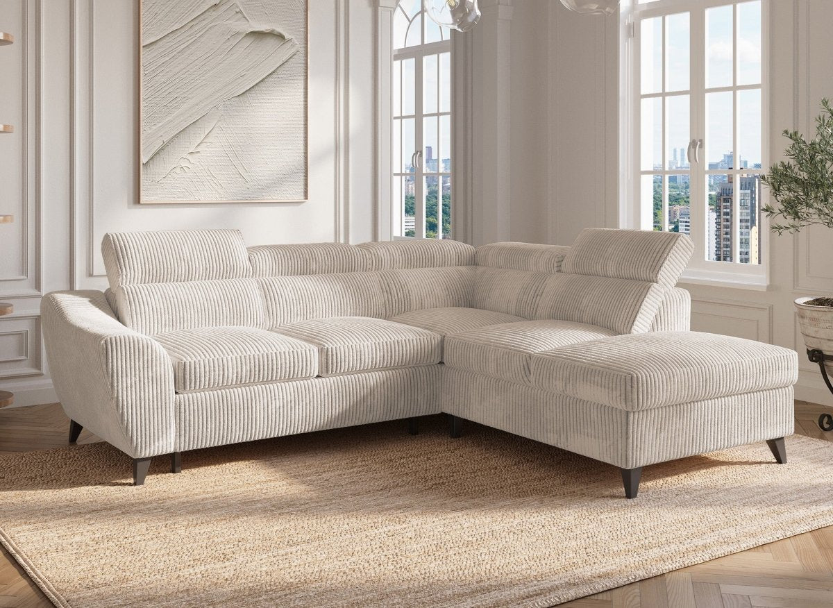 Canapé d'angle convertible avec coffre en velours côtelé épais beige DALTON - Angle droit - DécoInParis