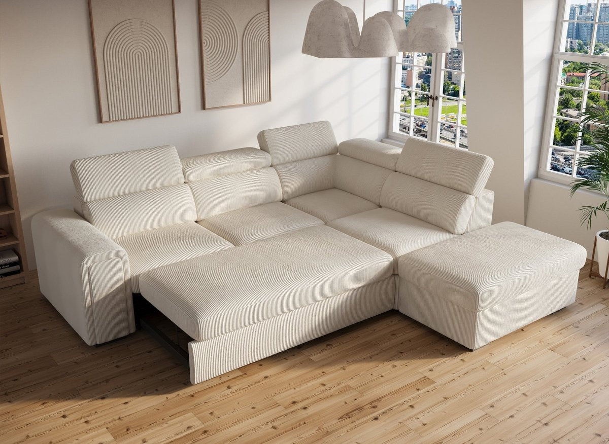 Canapé d'angle convertible avec coffre en velours côtelé épais beige ZENOVA - Angle droit - DécoInParis
