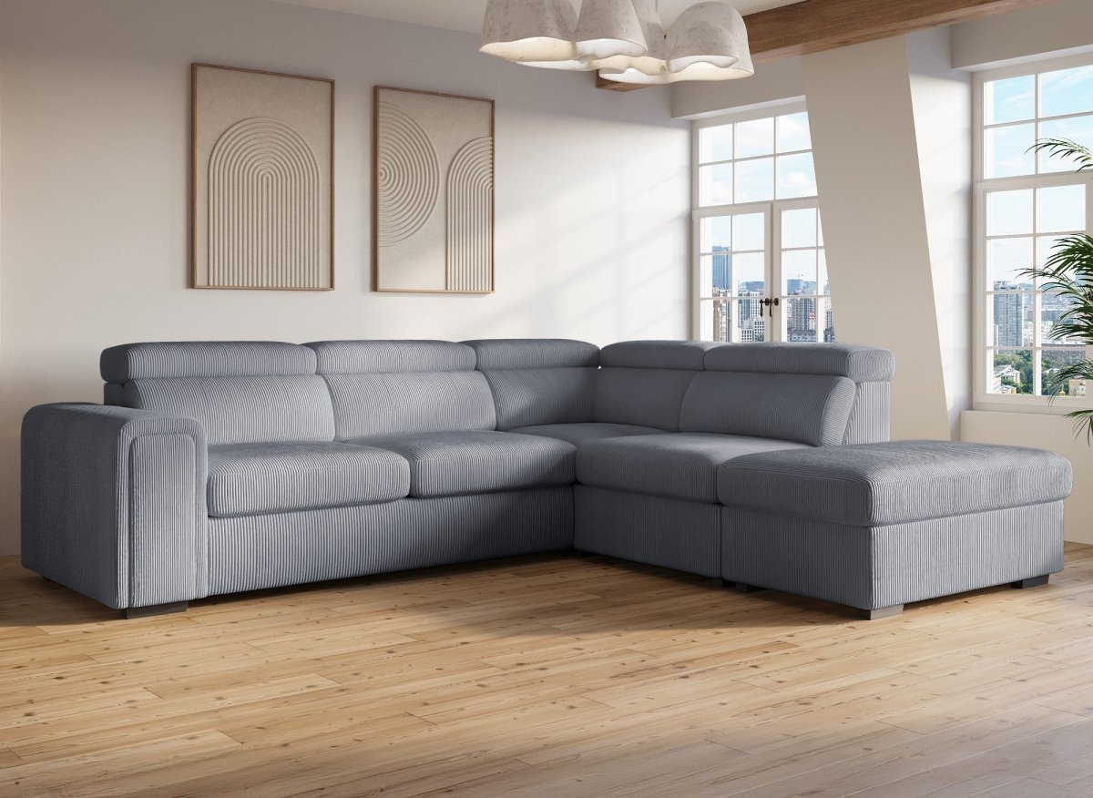 Canapé d'angle convertible avec coffre en velours côtelé épais gris ZENOVA - Angle droit - DécoInParis